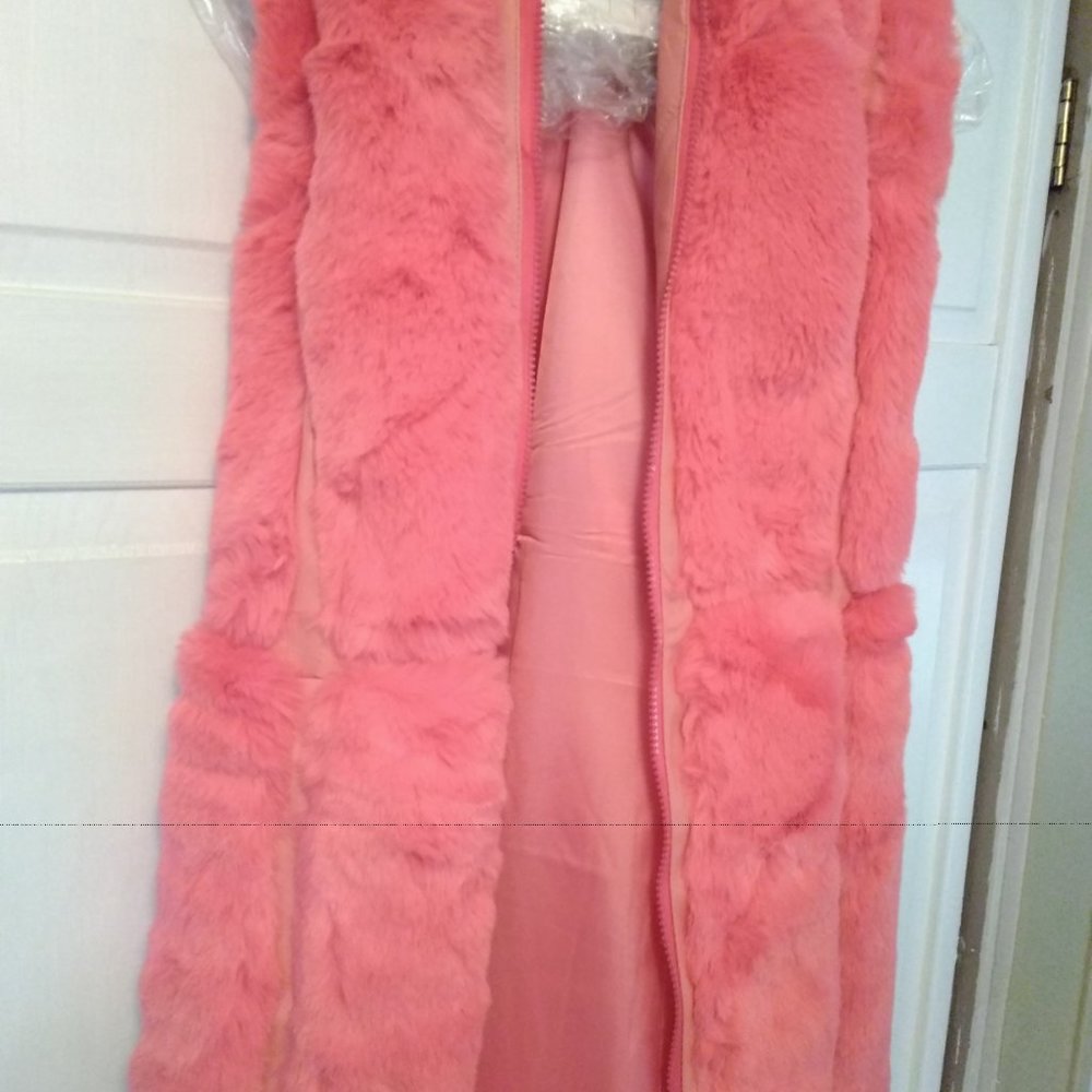 Vintage Austin Powers J&X Pink Long Shawl Faux Fur Hooded Sleeveless Jacket - Picture 3 of 9